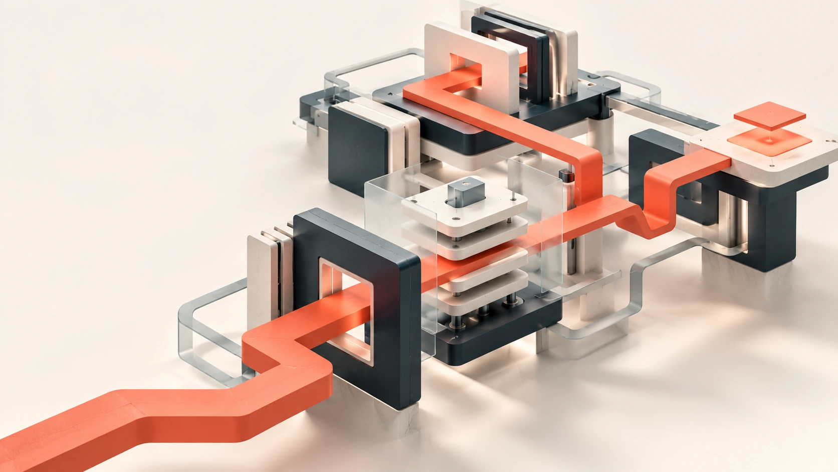 A continuous coral route passing through interconnected ceramic, glass and midnight processing modules